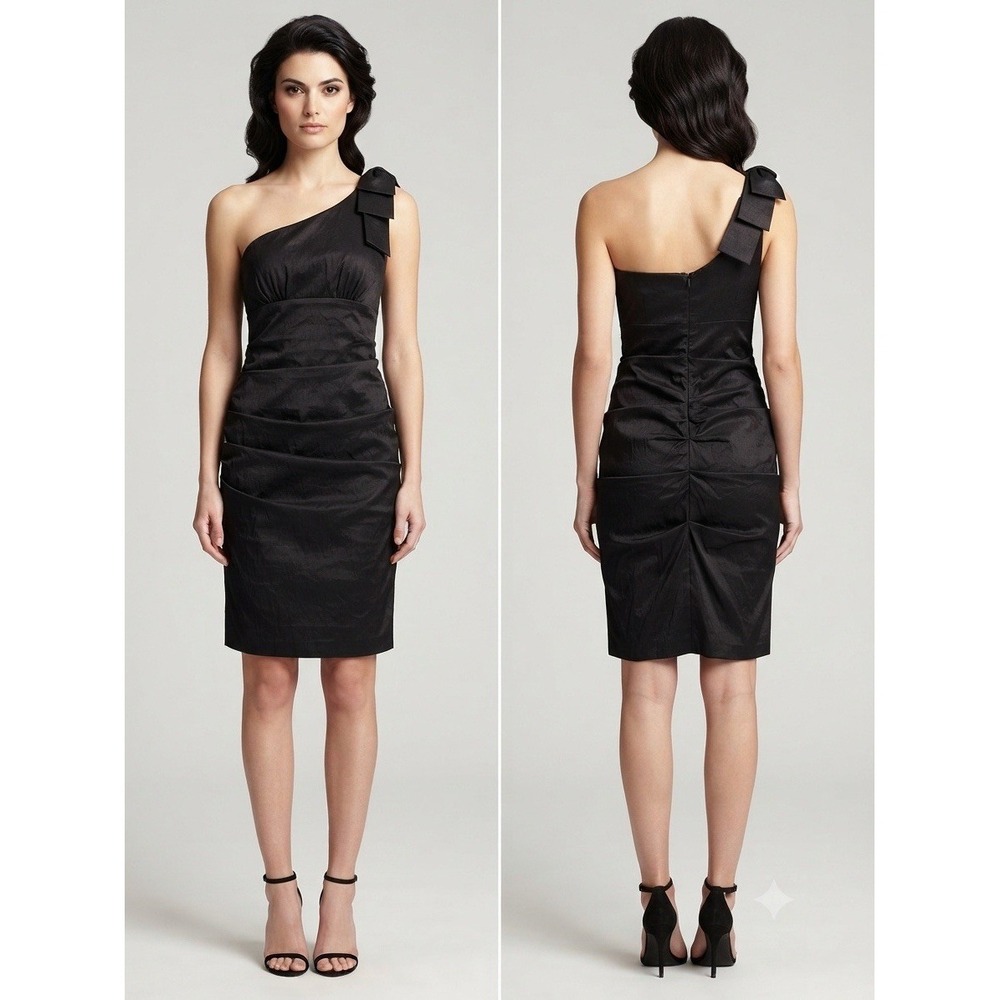 Satin Finish One-Shoulder Party Dress with Bow Detail Black Sz 10